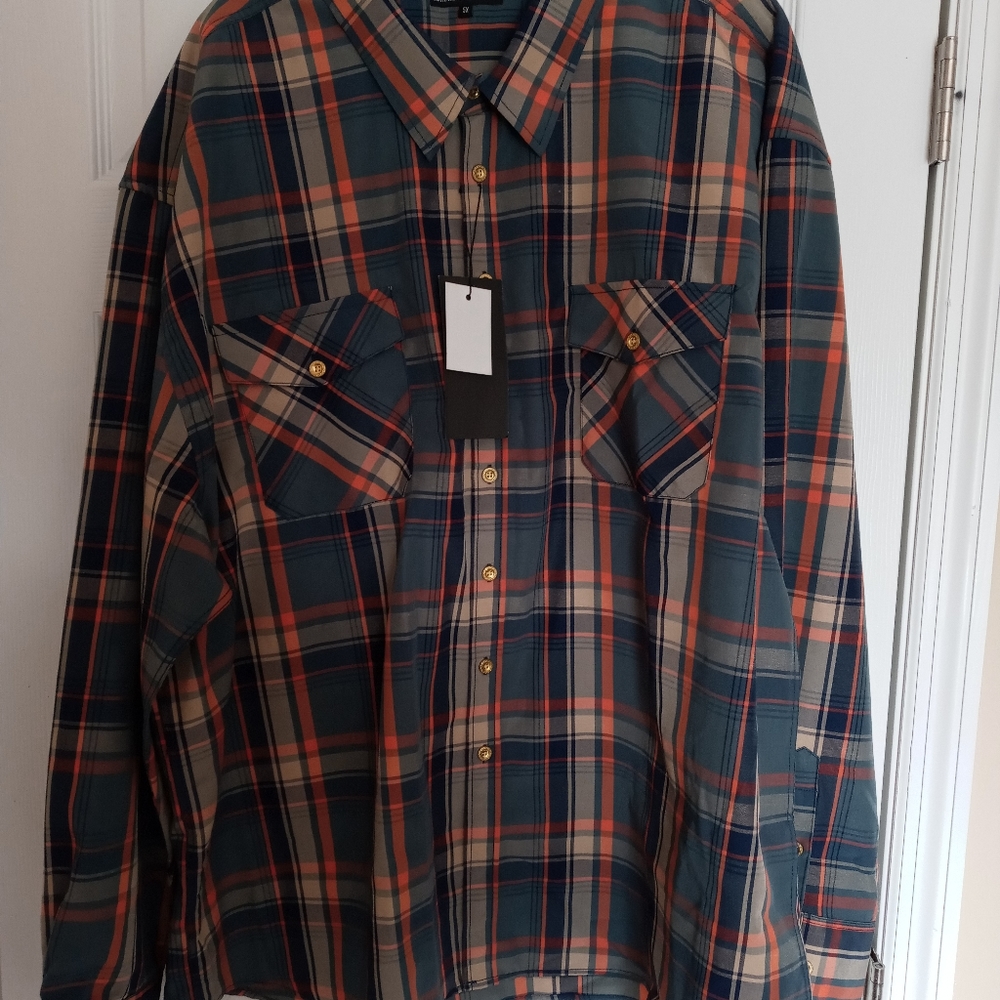 Benjamin Franklin 5xl long sleeve button up shirt grey/orange/gold